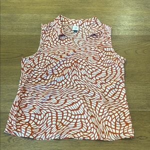 CAbi Brown and White Sleeveless Blouse with Notched Collar